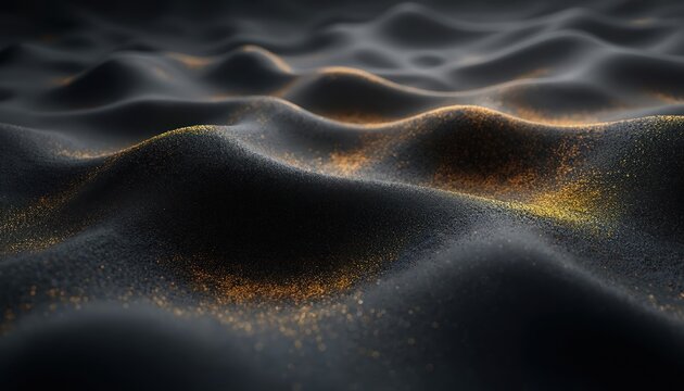 Modern abstract dark sand dunes with gold glitter dust. Elegant black background. Graphic design template for banner, decoration, ads. Matte wave texture with golden particles. Luxury style wallpaper. - Powered by Adobe