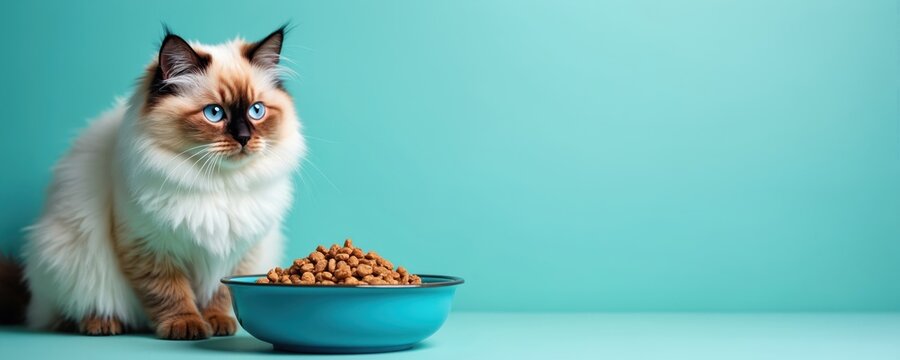 Fluffy cat sits near blue bowl filled with dry cat food against vibrant turquoise background. Domestic animal eats its daily portion in home. Cat food, health, pet care, nourishment concept.
