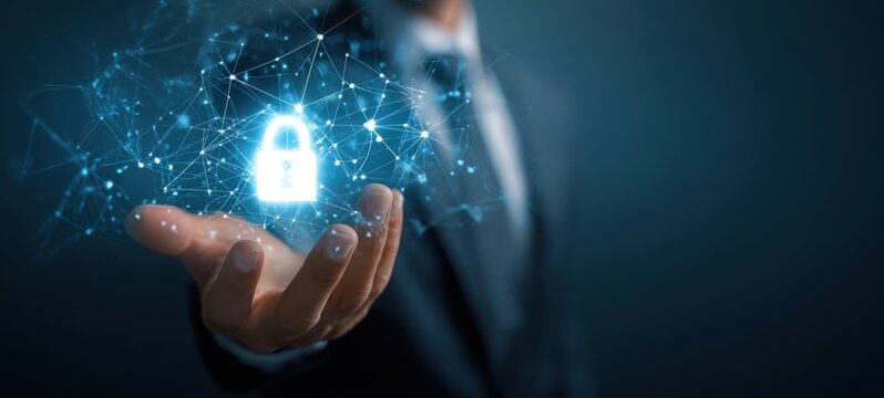 The Padlock Hologram in a Businessman's Hand Symbolizing Digital Security and Data Protection - Powered by Adobe