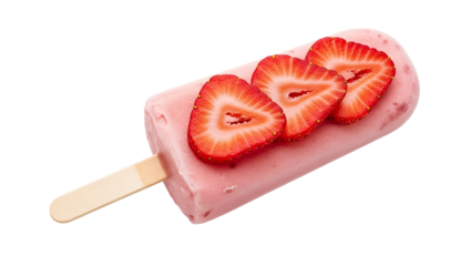 Pink strawberry popsicle with three slices of fresh fruit on top