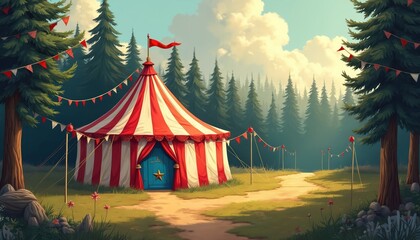 Fairy tale circus tent in forest. Vintage carnival scene with red, white striped tent, blue door, yellow star. Amusement, fun, magic, dream, nostalgia, joy, childhood, fairy tale, fantasy