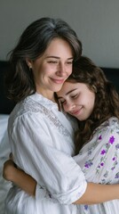 Caucasian mature female and teen hugging joyfully in warm emotional moment