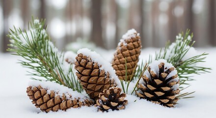 Pine cones and evergreen branches covered in fresh snow during winter.