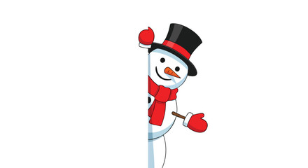 Cheerful snowman peeking from behind a white space perfect for holiday greetings and winter promotions
