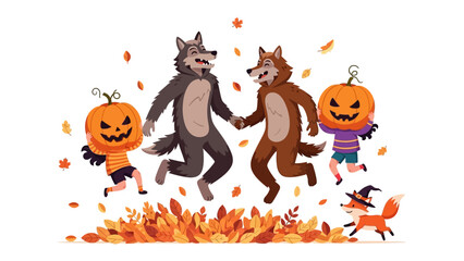 Halloween Parade: A whimsical, illustrated scene of costumed creatures and playful monsters enjoying a Halloween parade, where creativity and festive energy burst forth.