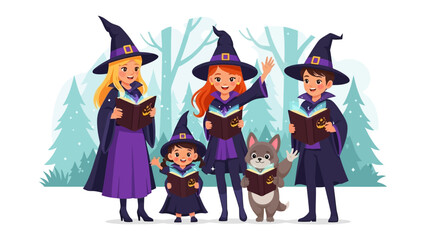 Young Witches and Their Pet: A bewitching scene unveils a group of young witches, accompanied by their charming animal companion, immersed in a magical book.