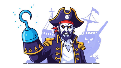 Menacing Captain: A fierce cartoon pirate with an intense gaze and hook hand, stands ready for adventure, ships in the background.