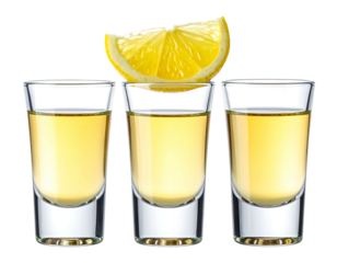 Three tequila shots, filled to same level, topped with a lemon wedge