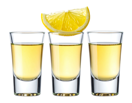 Three tequila shots, filled to same level, topped with a lemon wedge