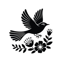 Fototapeta premium Soaring Bird Silhouette Illustration A Black Vector Design of a Bird in Flight Surrounded by Flowers Showcasing Nature's Beauty and Freedom