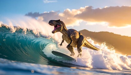 Dinosaur surfing a wave at sunset