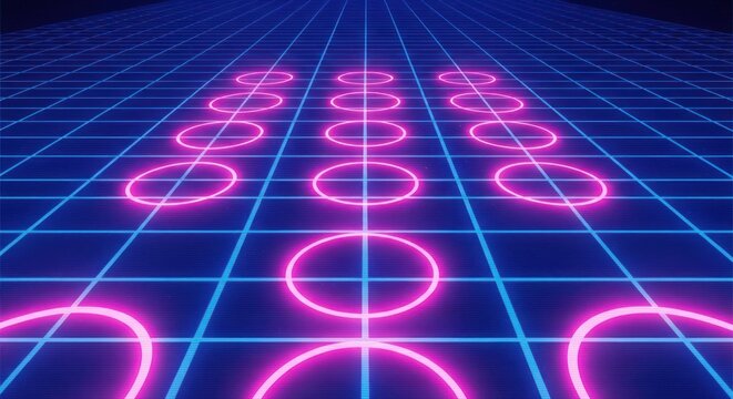 Neon grid with glowing pink circles creates a retro futuristic vibe for abstract art design