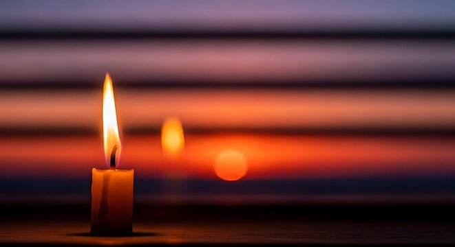 Tranquil Candle Flame Illumination Against Blurred Sunset Horizon Palette