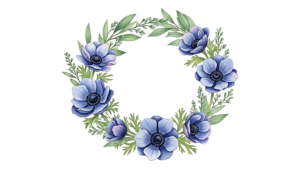 Floral wreath with purple anemones and greenery