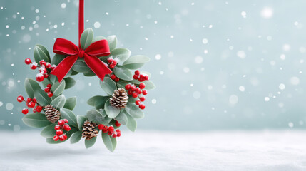 Christmas wreath with red bow and berries hanging in snowy scene
