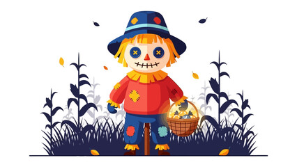 Whimsical Scarecrow in the Autumn Field: A cheerful scarecrow, adorned in a straw hat, stands proudly amidst a vibrant field, embracing the autumn season. It embodies the spirit of harvest.