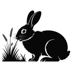 Obraz premium Charming Rabbit Silhouette Vector Illustration A Black and White Design Featuring a Bunny Eating Grass, Ideal for Nature-Themed Graphic Projects