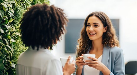 Two Women Chatting and Drinking Coffee in Modern Office Setting