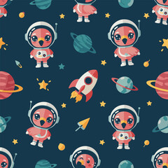 Cute flamingo astronauts rockets and planets in a fun space exploration pattern for kids