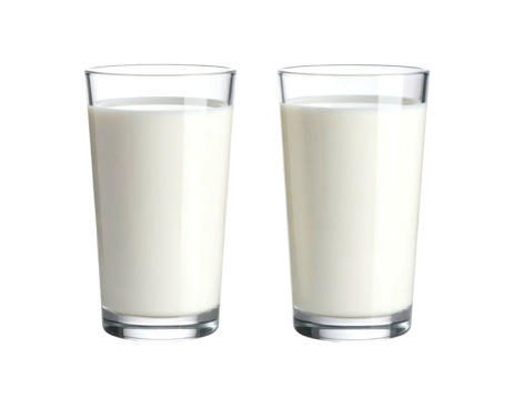 Two identical clear glasses filled to the same level with opaque white milk, set against a black background