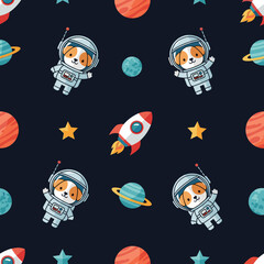 Cute astronaut dogs float with rockets and planets in a fun space exploration pattern for kids