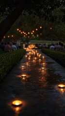 Obraz premium Long, dark path is lit up with candles, creating a warm and inviting atmosphere. The candles are arranged in a row, with some placed closer to the foreground