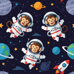 Three happy astronaut monkeys float in outer space with planets and stars Fun illustration for kids projects