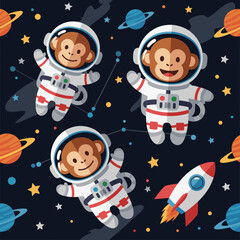 Cheerful astronaut monkeys and a rocket explore a starry colorful outer space filled with planets