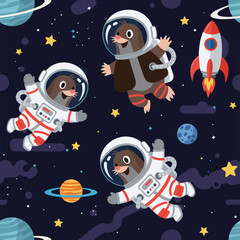 Cute moles in astronaut suits exploring colorful space with planets stars and a rocket