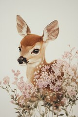 A baby deer is standing in a field of flowers
