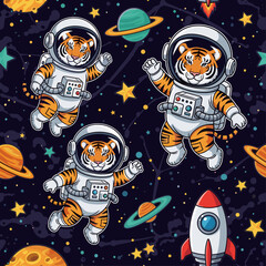 Cute cartoon tiger astronauts floating in space with planets stars and a rocket Fun cosmic adventure