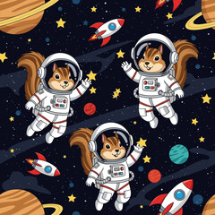 Happy squirrel astronauts explore outer space with rockets and planets Ideal for kids designs themes