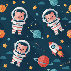 Cute cartoon pigs in astronaut suits explore colorful outer space with planets and stars Fun playful design