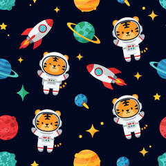 Playful seamless pattern with cute tiger astronauts rockets and planets exploring space