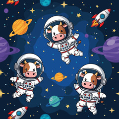 Playful astronaut cows float in starry outer space with planets and rockets Whimsical childrens adventure