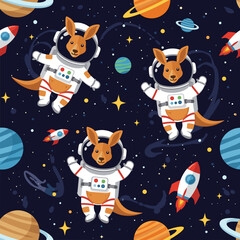 Cute kangaroos in astronaut suits float in starry space with planets and rockets