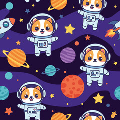 Adorable cartoon astronaut dogs exploring a vibrant space with planets stars and rockets Fun design