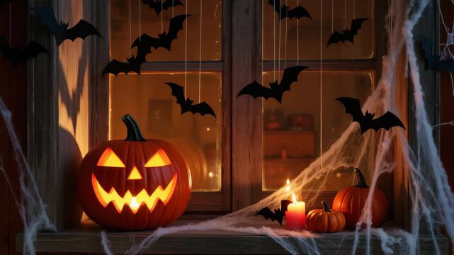 Lit jack-o'-lantern on a windowsill with burning candles, small pumpkins, spider webs, and hanging black bats as Halloween decorations. Warm glow and spooky setup.