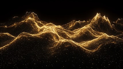 Golden abstract particles forming shimmering wave captured with full frame camera, 70mm lens, detailed glow across frame