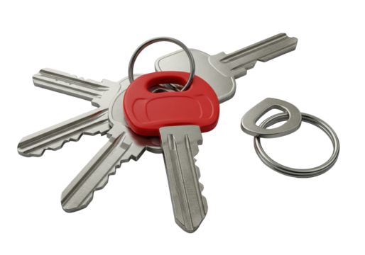 Shiny silver metal and vibrant red plastic house keys neatly grouped with a chrome key ring on a pristine transparent background under studio lighting, concept of modern organization