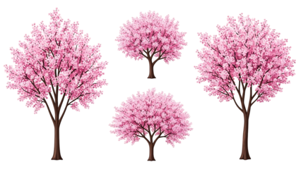 Five pixel art cherry blossom trees in varying sizes,  pink blossoms