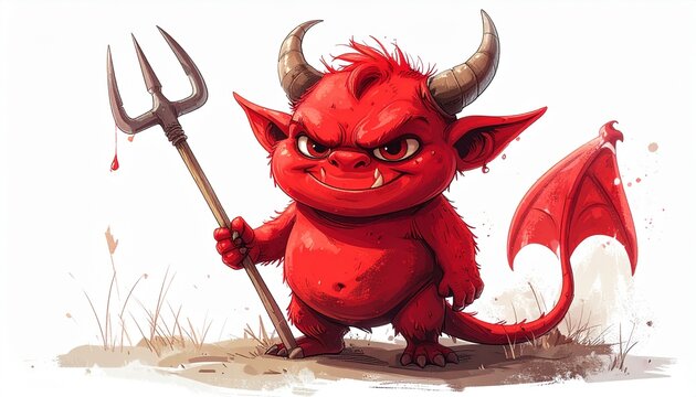 A cute, red, cartoon devil with horns and wings holds a trident, standing on a grassy patch.