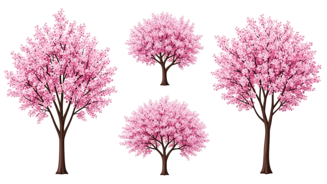 Five pixel art cherry blossom trees in varying sizes,  pink blossoms