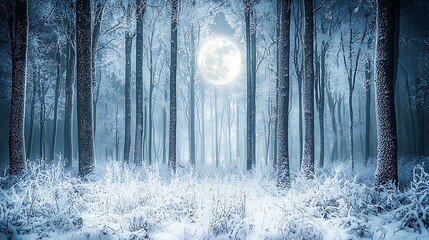 Winter forest illuminated by moonlight and snow captured on DSLR, 35mm lens, glowing moonlight reflecting across snowy branches