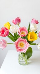 Obraz premium A beautiful bouquet of fresh colorful pink yellow and white tulips in a glass vase on a white table.