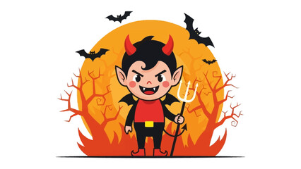 Fototapeta premium Charming Little Devil: A playful cartoon depiction of a devil in a red and black costume with small horns, a trident, and mischievous charm against the backdrop of a spooky Halloween night.