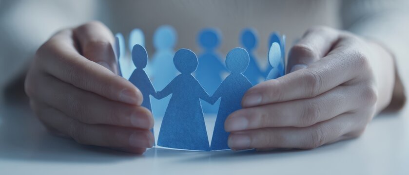 The paper chain of blue figures protected by caring hands representing teamwork and support