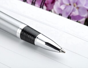 Pen resting on lined notebook paper with lilac flowers in background