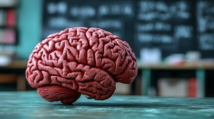 Brain model displayed on a table in a classroom setting with educational posters in the background