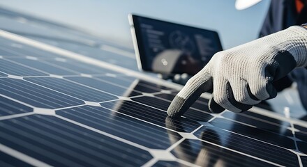 Skilled technician inspects solar panel efficiency with tablet, optimizing renewable energy generation for a sustainable future.